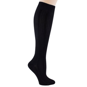 Women's black knee-high sock.