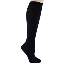 Women's black knee sock, chevron pattern.