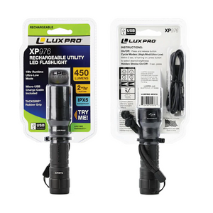 LuxPro Pro Series 450 lumens rechargeable Utility Flashlight showing package