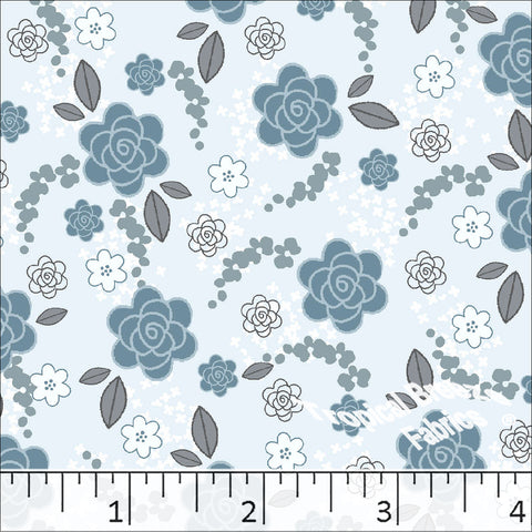 Blossoms Print Poly Cotton Dress Fabric Aqua