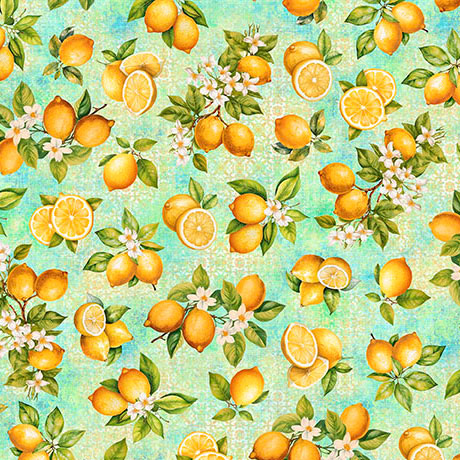 aqua, Citrus Bliss Collection Lemons Cotton Fabric 31714