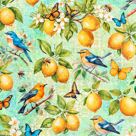 aqua, Citrus Bliss Collection Lemons and Birds Cotton Fabric 31712