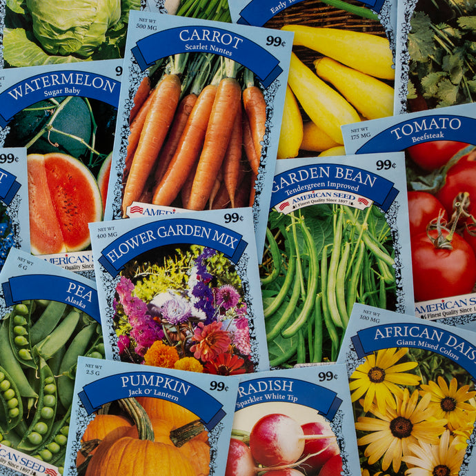 Assorted garden seed packets for vegetables, herbs & flowers