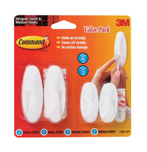 Value pack containing 2 small picture hooks and 2 medium hooks, 3M command products.