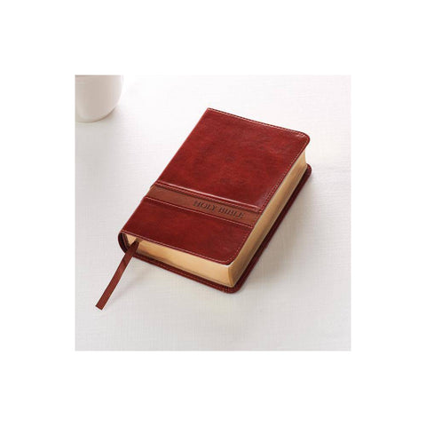 Two-tone Brown Faux Leather Large Print Compact King James Version Bible KJV034 on tabletop