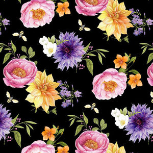 In Bloom Collection Medium Floral Cotton Fabric black