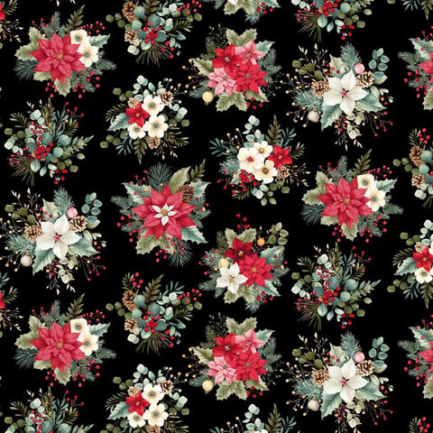 black, Sweet Christmas Memories Collection Holiday Flower Toss Cotton Fabric 3625