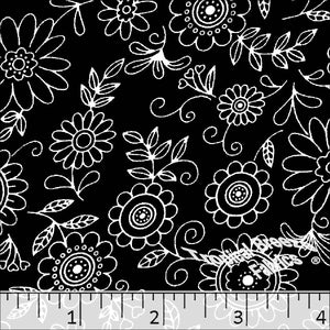 Poly Cotton Doodle Floral Print Fabric 5763 Black