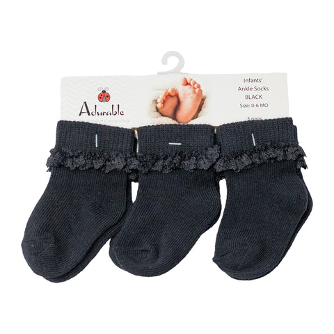 black, 3-Pack Baby Ankle Socks with Lace A2003