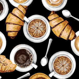 For the Love of Coffee Collection Coffee & Pastries Cotton Fabric 14157 black