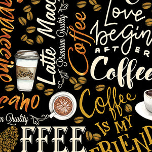 For the Love of Coffee Collection Fresh Brewed Words Cotton Fabric 14156 black