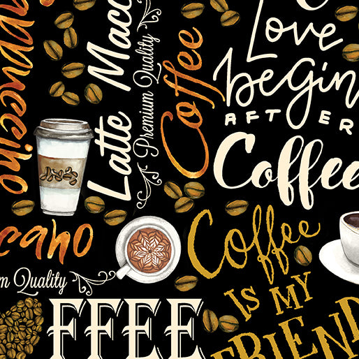 For the Love of Coffee Collection Fresh Brewed Words Cotton Fabric 14156 black