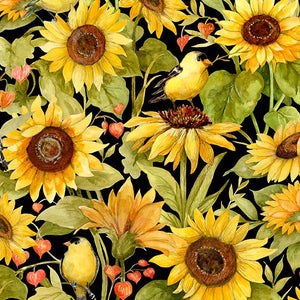 Sunflower Splendor Collection Sunflowers and Birds Cotton Fabric 83327 black