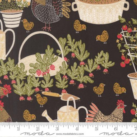 black, The Henhouse Collection Chicken Garden Cotton Fabric 48430