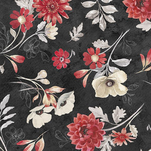 black, Scarlet Dreams Collection Large Floral Toss Cotton Fabric 30109