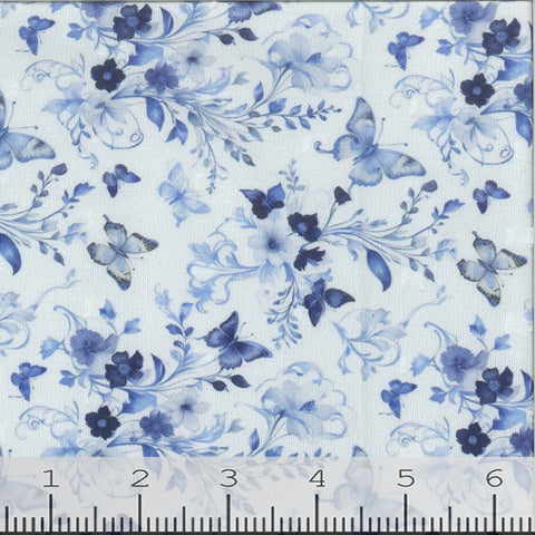 blue, Swiss Dot Butterfly Meadow Print Polyester Fabric 00022