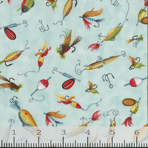 Down by the Lake Collection Fishing Hooks Cotton Fabric blue