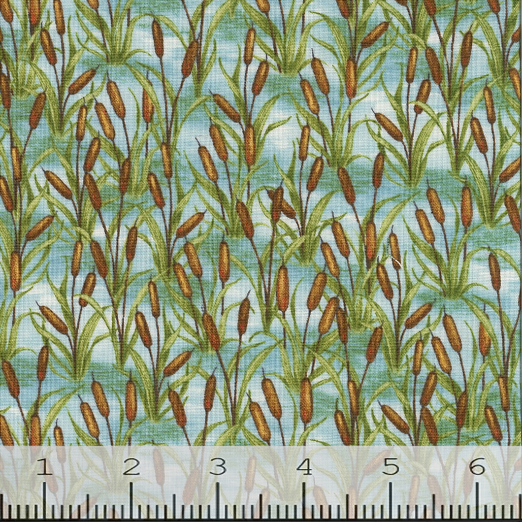 Down by the Lake Collection Packed Cattails Cotton Fabric blue