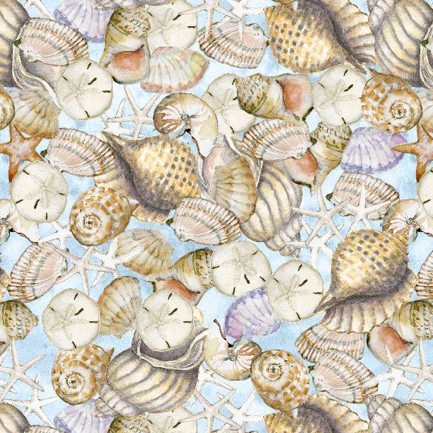 Coastal Sanctuary Collection Sea Shells Cotton Fabric Blue