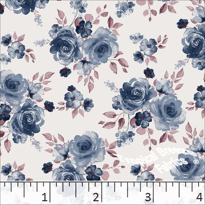 Poly Cotton Rose Print Dress Fabric blue