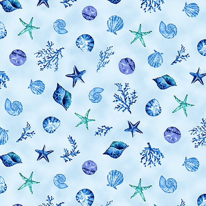 The Sea is Calling Collection Spaced Shells Cotton Fabric The Sea is Calling Collection Sand Dollars and Shells Cotton Fabric blue