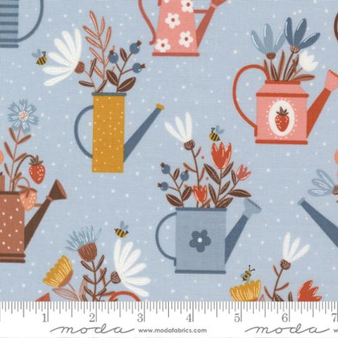 blue, Blossoms and Blooms Collection Watering Can Cotton Fabric 39050