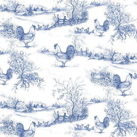 blue, Country Blue Collection Rooster Toile Cotton Fabric 39903