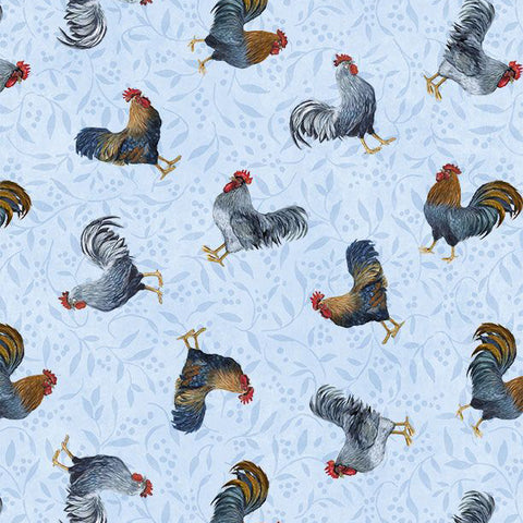 blue, Country Blue Collection Rooster Toss Cotton Fabric 39902