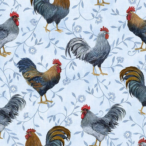 blue, Country Blue Collection Roosters All Over Cotton Fabric 39901