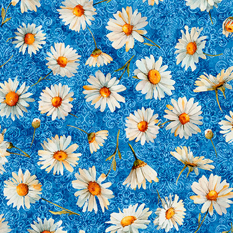 blue, Daisy Delights Collection Daisy Toss Cotton Fabric 32152