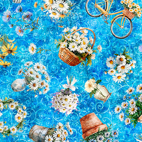 blue, Daisy Delights Collection Garden Toss Cotton Fabric 32151