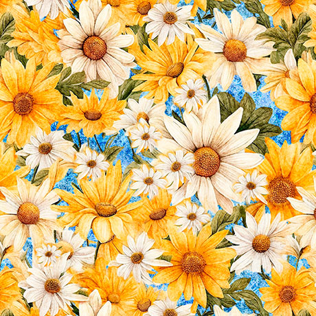 blue, Daisy Delights Collection Packed Daisies Cotton Fabric 32153