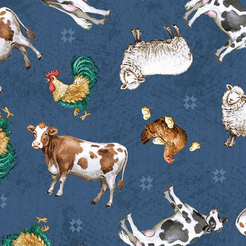 blue, Friendly Farmstead Collection Animal Toss Cotton Fabric 96491