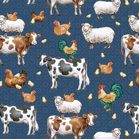 blue, Friendly Farmstead Collection Animals All Over Cotton Fabric 96492