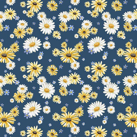blue, Friendly Farmstead Collection Daisies Cotton Fabric 96494