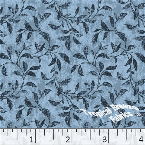 Linen Weave Leafy Vines Print Poly Cotton Fabric 6107 blue