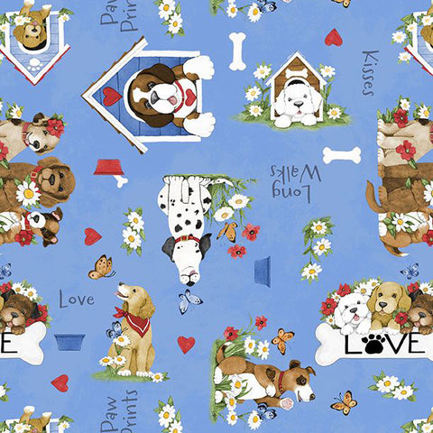 blue, Paws at Play Collection Puppies All Over Cotton Fabric 39919