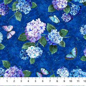 Rhapsody in Blue Collection Flowers and Butterflies Cotton Fabric DP27069 blue