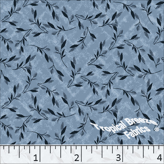 Blue, Standard Weave Leaf Print Poly Cotton Fabric 6190