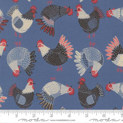 blue, The Henhouse Collection Tossed Chickens Cotton Fabric 48433