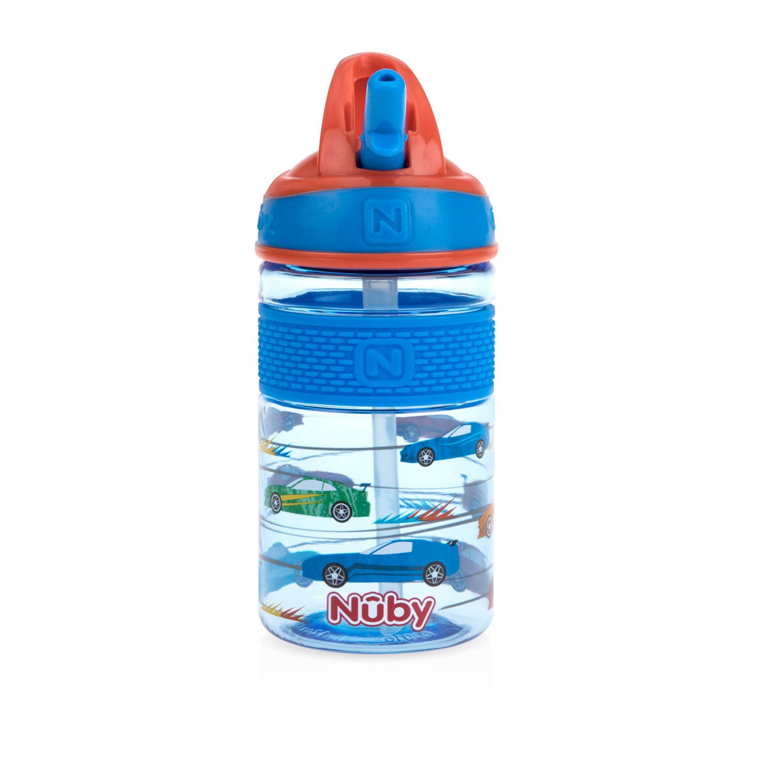 Nuby Thirsty Kids Flip-It Freestyle on The Go Water Bottle with Bite Resistant Hard Straw Cup and Easy Grip Band, Blue Cars, 12 Ounce