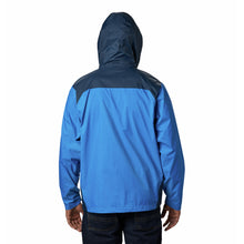 Blue hooded Columbia rain jacket