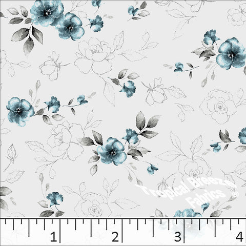blue teal, Standard Weave Floral Print Poly Cotton Fabric 6313