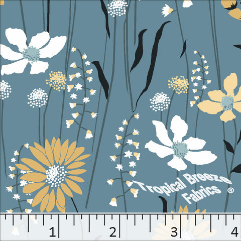 blue teal, Standard Weave Wildflower Print Poly Cotton Fabric 6298