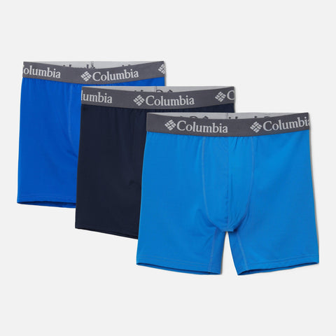 Columbia men's 3-pack Poly Stretch Boxer Briefs in assorted blue colors