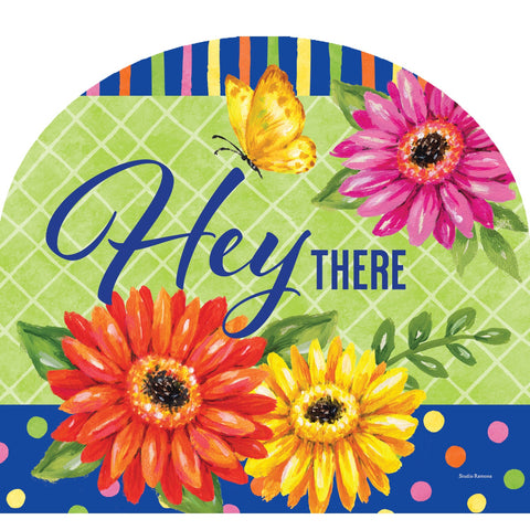 Custom Decor Arbor Mate garden sign showing bold gerberas