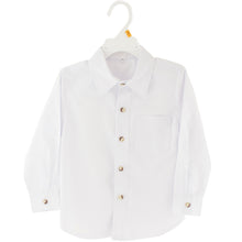 Boys white long sleeve dress shirt with brown buttons
