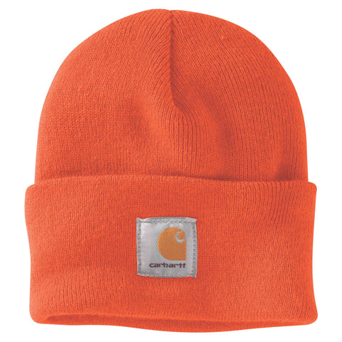 Brite Orange Carhartt beanie with Carhartt label stitched on front