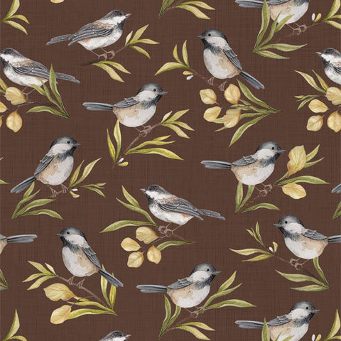 brown, Chickadee Charm Collection Birds All Over Cotton Fabric 27727