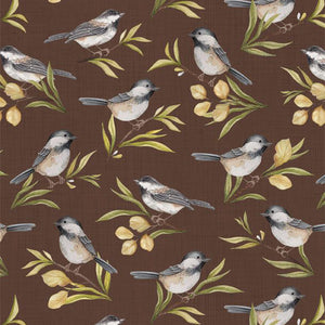 brown, Chickadee Charm Collection Birds All Over Cotton Fabric 27727